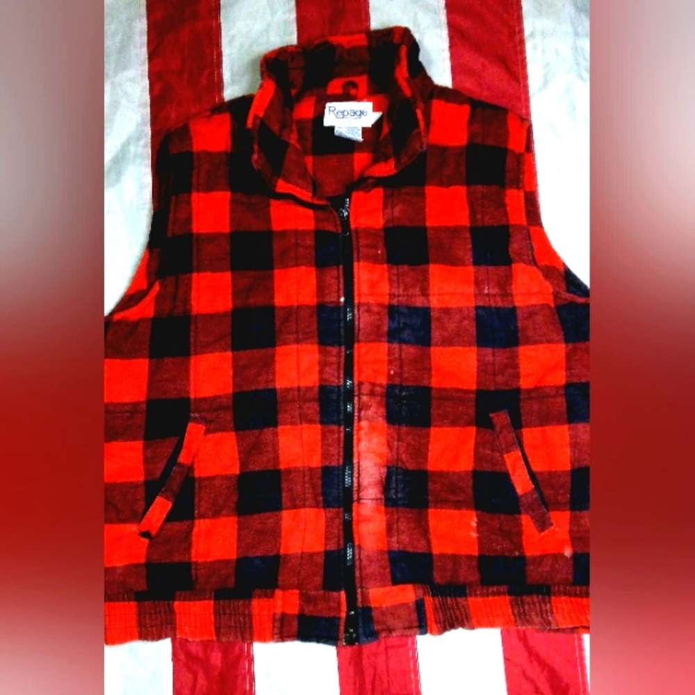 Vintage Men Repage Fishing Hunting Hiking Flannel Vest Red Black Plaid Size xl